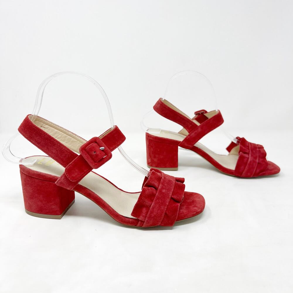 [E8 By Miista] Red Suede Leather Sandie Ruffle Strap Block Heel Sandals Size 5.5